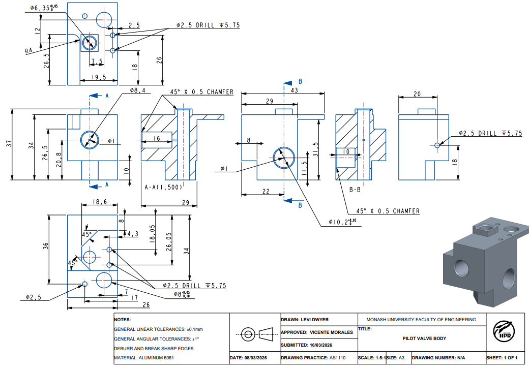 Pilot valve body fabrication drawing